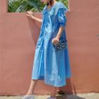 Short-sleeve Drawstring Midi Dress Sky Blue - One Size