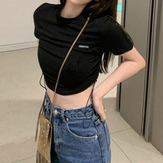 Short Sleeve Drawstring Cropped T-shirt Black - One Size