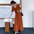 Short-sleeve V-neck Lace Up Midi A-line Dress