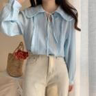 Long Sleeve V Neck Plain Lace-up Shirt