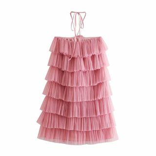 Halter Mini Tiered Mesh Dress