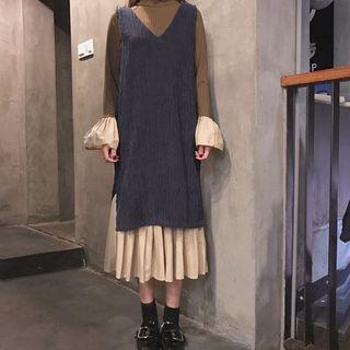 Ribbed Vest+mock-two Piece Ribbed Dress