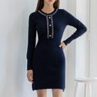 Round-neck Braided-trim Knit Dress Dark Navy Blue - One Size