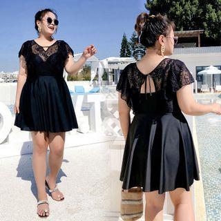 Cap Sleeve Cutout Lace Panel Swimdress