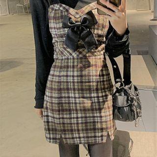 Spaghetti Strap Plaid Mini Dress / Long-sleeve Plain Top