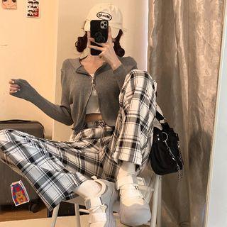 Long-sleeve Zip Knit Jacket / Plaid Pants