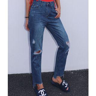 High-waist Distressed Straight-cut Jeans