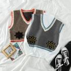 Plain Mock-neck Long-sleeve Top / Color-block V-neck Knit Top