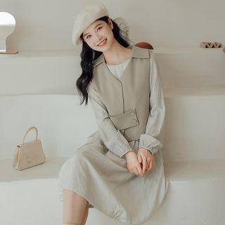 Set: Collared Vest + Long-sleeve Dress