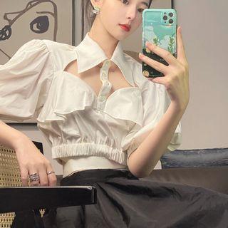 Puff-sleeve Cut-out Cropped Blouse