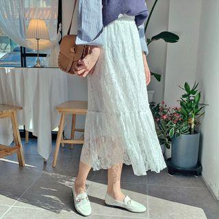 Tiered-hem Band-waist Lace Skirt