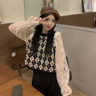 Lace Panel Argyle Blouse