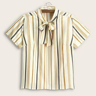 Plus Size Short-sleeve Striped Ribbon Accent Blouse