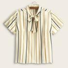 Plus Size Short-sleeve Striped Ribbon Accent Blouse