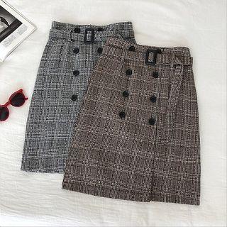 Double-breasted Plaid High-waist A-line Skirt