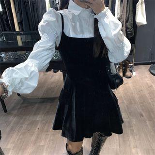 Puff-sleeve Shirred Shirt / Overall Dress