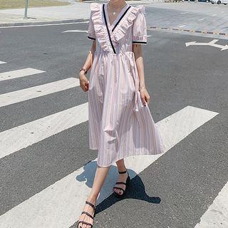 Short-sleeve Striped Frill Trim Midi A-line Dress
