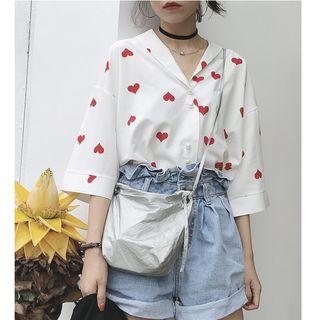 Elbow-sleeve Heart Print Shirt