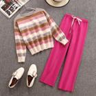 Set: Striped Knit Top + Knit Pants Rose Pink - One Size