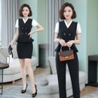 Double Breasted Vest / Dress Pants / Mini Fitted Skirt / Short-sleeve Shirt / Set