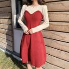 Mock-two Piece A-line Dress Red - One Size