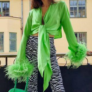Faux Fur V-neck Long-sleeve Crop Top