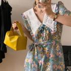 Short-sleeve Wide Collar Floral Midi Dress Floral - Blue & Green & Pink - One Size