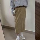 High-waist Corduroy Slit A-line Midi Skirt
