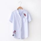 Striped Short-sleeve Flower Embroidered Shirt