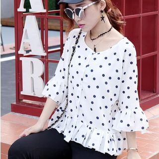Ruffle Trim Polka Dot 3/4-sleeve Blouse