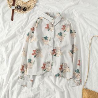 Long-sleeve Tree Print Shirt As Shown In Figure - One Size