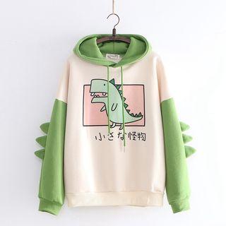 Cartoon Dinosaur Printed Hoodie Beige & Green - One Size