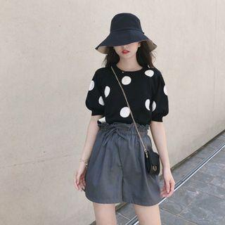 Set: Dotted Elbow-sleeve T-shirt + Drawstring Wide-leg Shorts