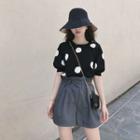 Set: Dotted Elbow-sleeve T-shirt + Drawstring Wide-leg Shorts