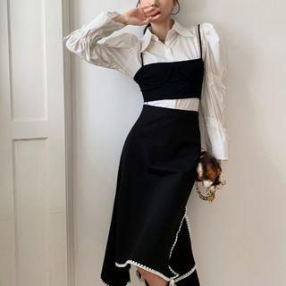 Color-block Trim Asymmetric High-waist Skirt