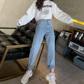 Lettering Print Sweatshirt / Straight-fit Jeans