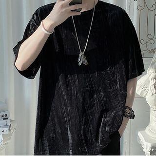 Elbow-sleeve Plain Velvet T-shirt