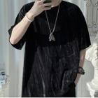 Elbow-sleeve Plain Velvet T-shirt