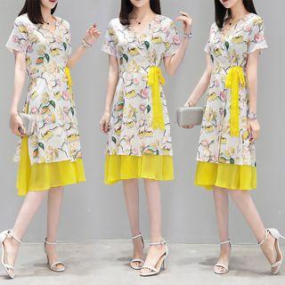 Short-sleeve Flower Print A-line Chiffon Dress