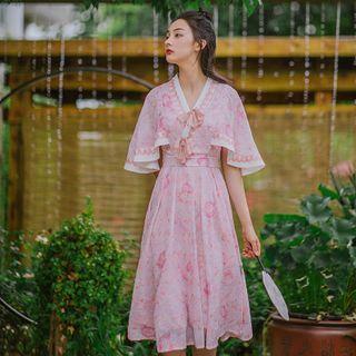 Cap-sleeve Floral Embroidered A-line Dress