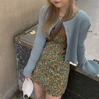 Floral Pinafore Dress / Long-sleeve Plain Cardigan