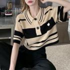 Short-sleeve Striped Polo Knit Top Stripes - Black & Almond - One Size
