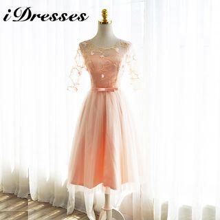 Flower Applique Embroidered Midi Cocktail Dress