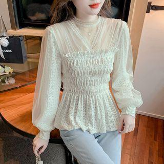 Mock Neck Mesh Panel Lace Smocked Top