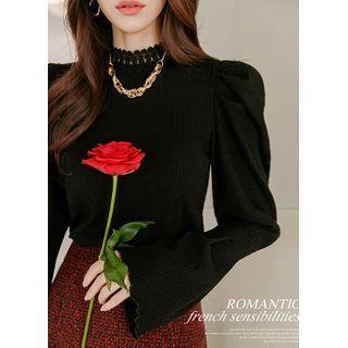 Lace-neck Puff-sleeve Knit Top