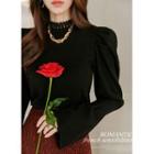 Lace-neck Puff-sleeve Knit Top