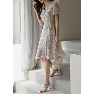 Bell-sleeve Ruffled Paisley Midi Wrap Dress