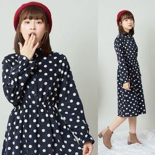 Long-sleeve Polka Dot Band Collar Shirt Dress Black - One Size