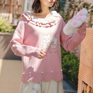 Ruffle-collar Cat Print Knit Sweater