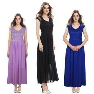 Lace Panel Sleeveless Maxi A-line Dress